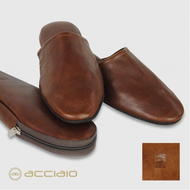 Travel Slippers in Italian leather Chestnut