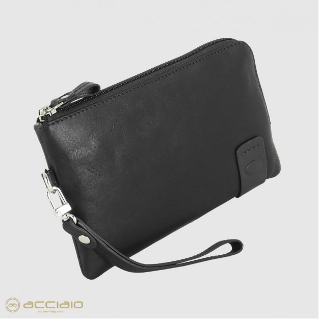 Pochette Uomo piccola in pelle borsello a mano Thomas 7" Nero