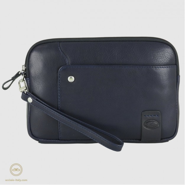 Men's wrist bag in leather wristlet handbag Richard 9" Blue