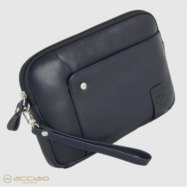 Men's wrist bag in leather wristlet handbag Richard 9" Blue