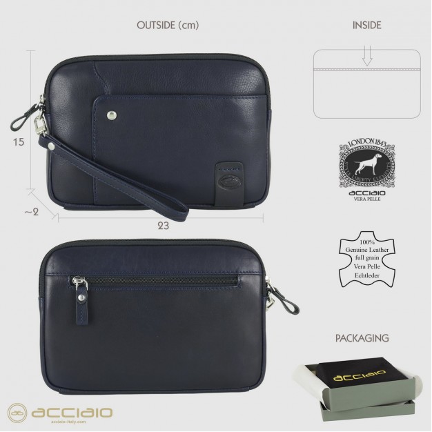 Men's wrist bag in leather wristlet handbag Richard 9" Blue