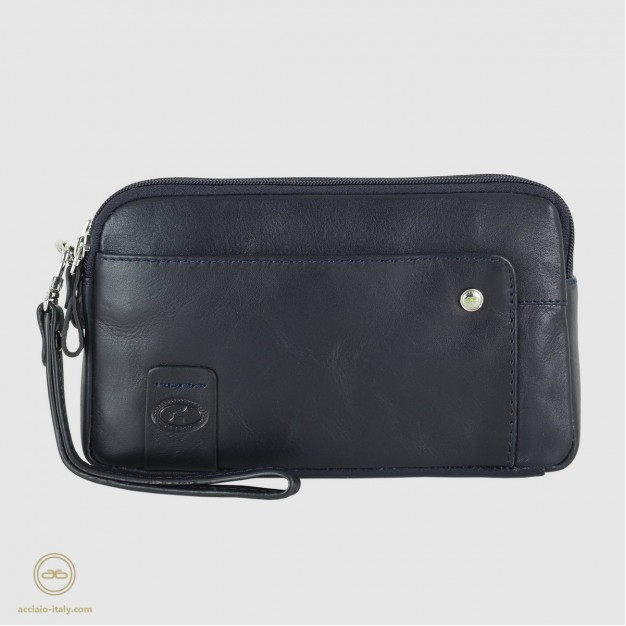 Men's wrist bag 2 zip in leather wristlet handbag Harry 7" Blue