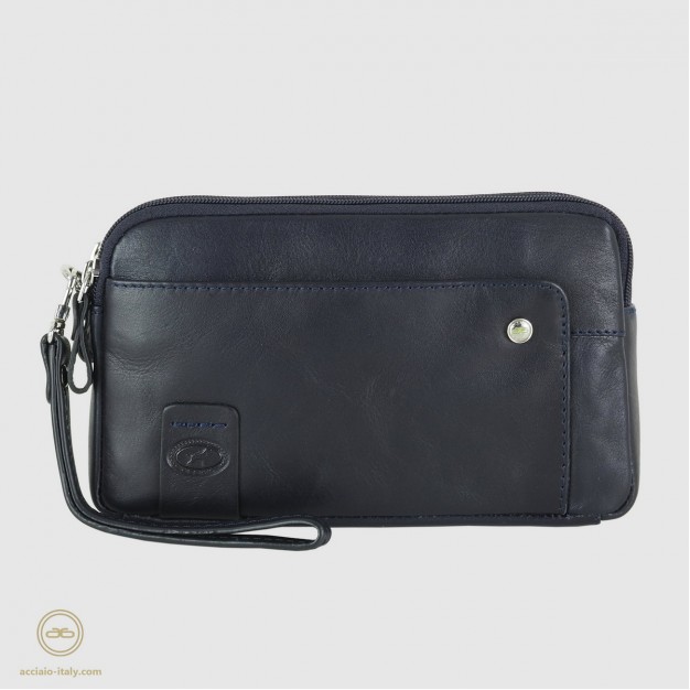 Pochette Uomo in pelle 2 vani zip borsello a mano Harry 7" Blu