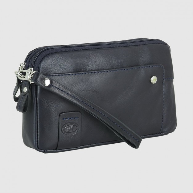 Men's wrist bag 2 zip in leather wristlet handbag Harry 7" Blue