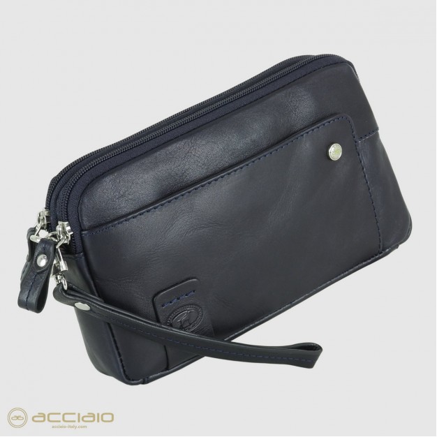 Men's wrist bag 2 zip in leather wristlet handbag Harry 7" Blue