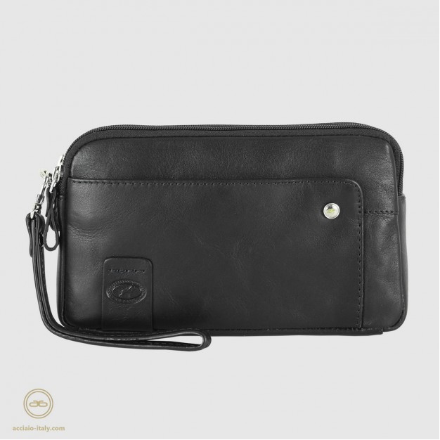 Pochette Uomo in pelle 2 vani zip borsello a mano Harry 7" Nero