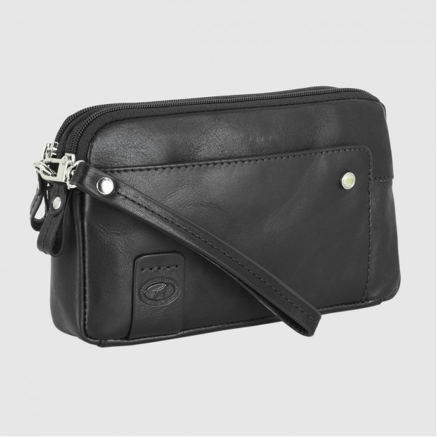 Pochette Uomo in pelle 2 vani zip borsello a mano Harry 7" Nero