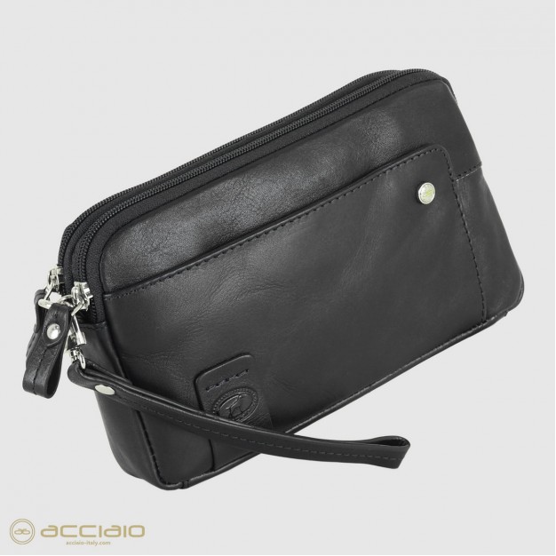 Pochette Uomo in pelle 2 vani zip borsello a mano Harry 7" Nero