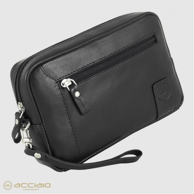 Men's wrist bag in leather wristlet handbag George 8" Black