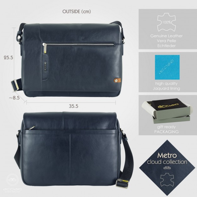 Shoulder bag messenger 14" Metro leather Blue Navy