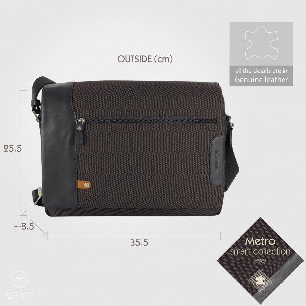 Borsa a tracolla messenger 14" Metro in tessuto e pelle Moka