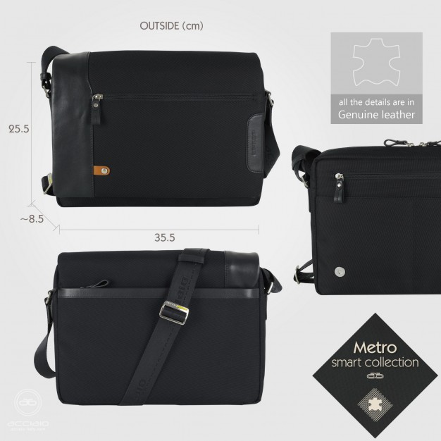 Shoulder bag messenger 14" Metro fabric/leather Black