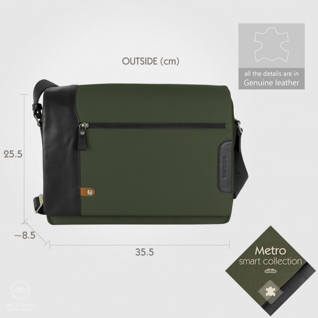 Borsa a tracolla messenger 14" Metro in tessuto e pelle Verde