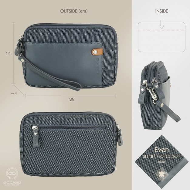 Men's wrist bag 2 zip pochette wristlet clutch 8" Grey