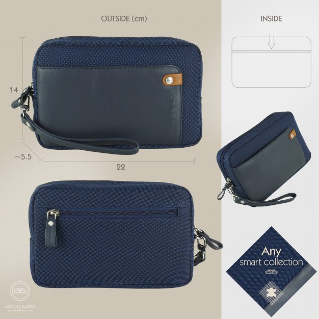 Men's wrist bag Blue pochette wristlet clutch 8"