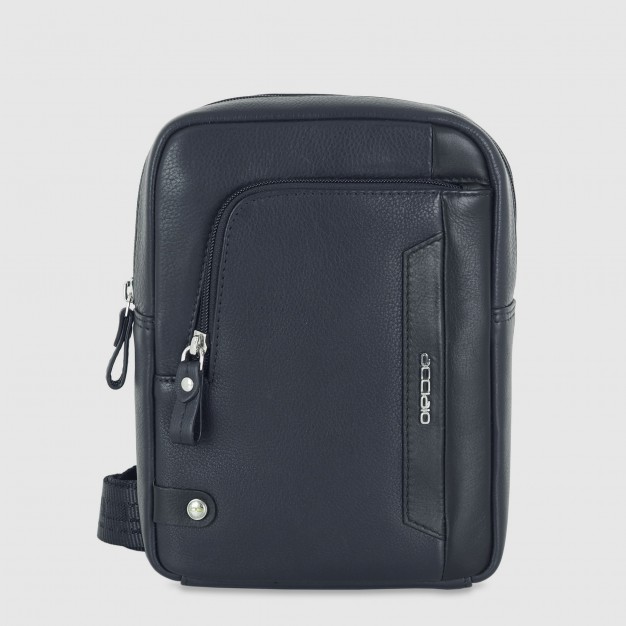 Adrian – Compact Men's Blue Leather Crossbody Bag Acciaio Adrian men's blue full-grain leather crossbody bag with front zip pocket