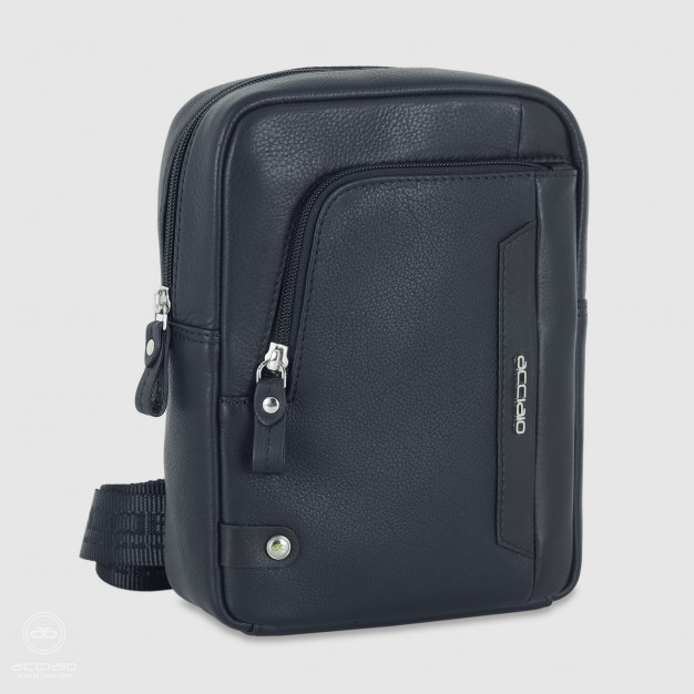 Adrian – Compact Men's Blue Leather Crossbody Bag Acciaio Adrian men's blue full-grain leather crossbody bag with front zip pocket