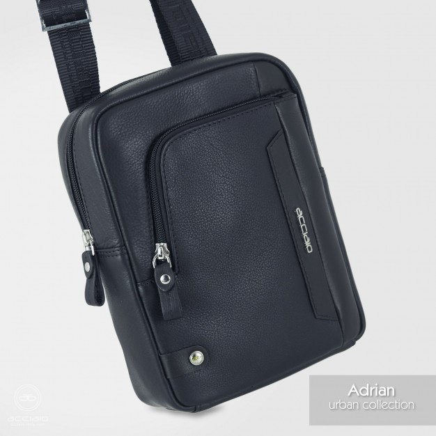 Adrian – Compact Men's Blue Leather Crossbody Bag Acciaio Adrian men's blue full-grain leather crossbody bag with front zip pocket
