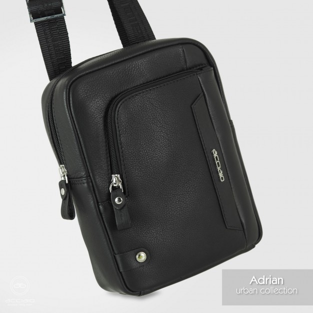 Borsello uomo acciaio Adrian in pelle pieno fiore nera con tasca frontale con zip
