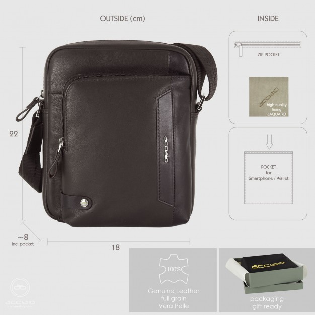 Julian – Borsello Uomo Compatto in Pelle Marrone Borsello uomo Acciaio Julian in pelle pieno fiore marrone con tasca anteriore con zip