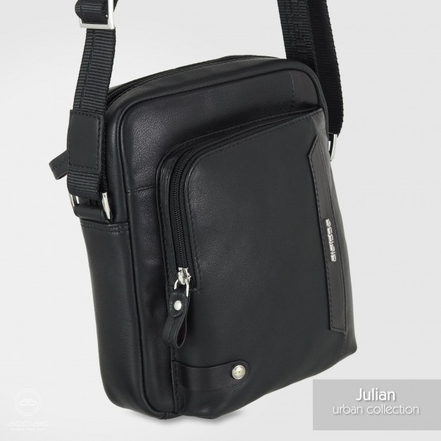 Julian – Borsello Uomo Compatto in Pelle Nero Borsello uomo Acciaio Julian in pelle pieno fiore nera con tasca anteriore con zip