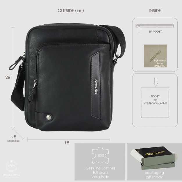 Julian – Borsello Uomo Compatto in Pelle Nero Borsello uomo Acciaio Julian in pelle pieno fiore nera con tasca anteriore con zip