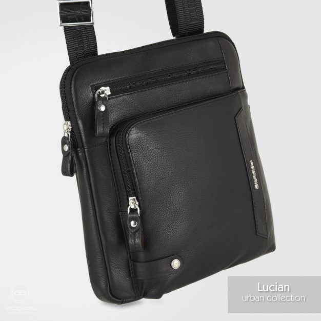 Borsello Uomo Lucian in Pelle Nero Borsello uomo Acciaio Lucian in pelle pieno fiore nera con tasca frontale e tracolla