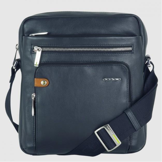 Men's shoulder bag with wide gusset "Evo" in leather Blue
