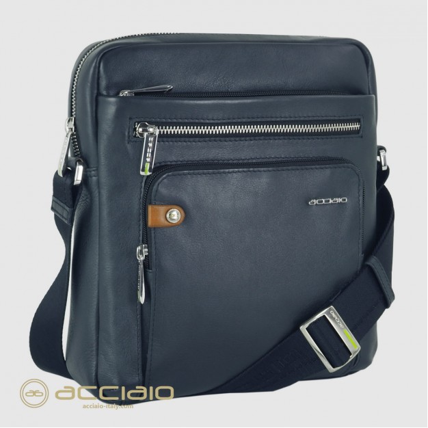 Men's shoulder bag with wide gusset "Evo" in leather Blue