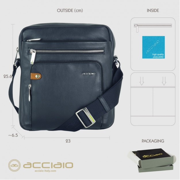 Men's shoulder bag with wide gusset "Evo" in leather Blue