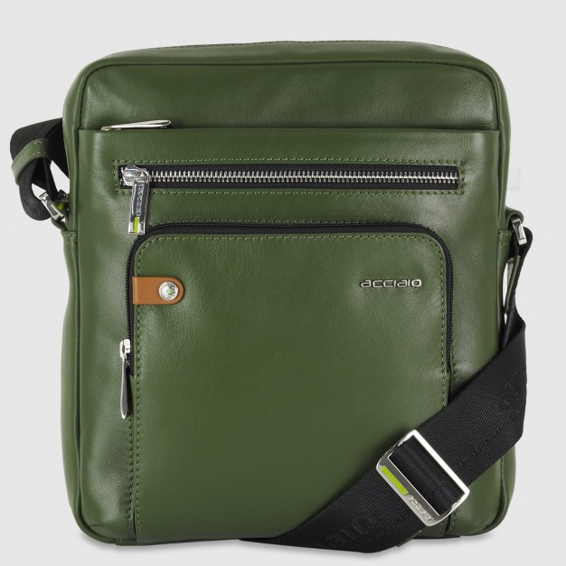 Men's shoulder bag with wide gusset "Evo" in leather Green