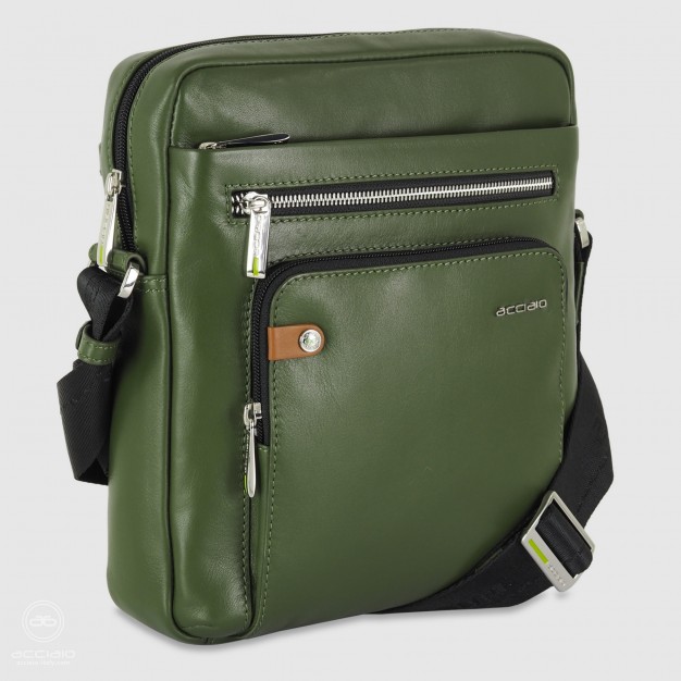 Men's shoulder bag with wide gusset "Evo" in leather Green