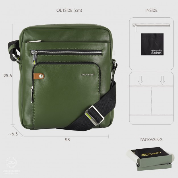Men's shoulder bag with wide gusset "Evo" in leather Green
