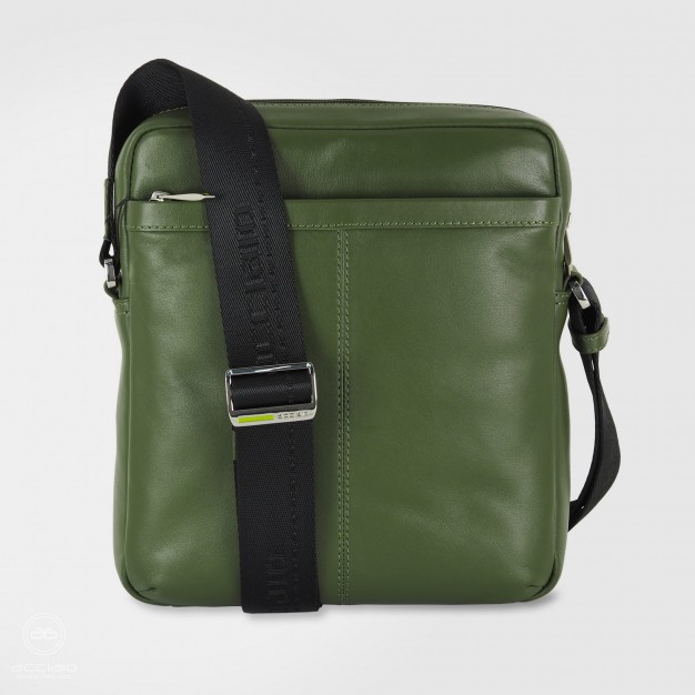 Men's shoulder bag with wide gusset "Evo" in leather Green