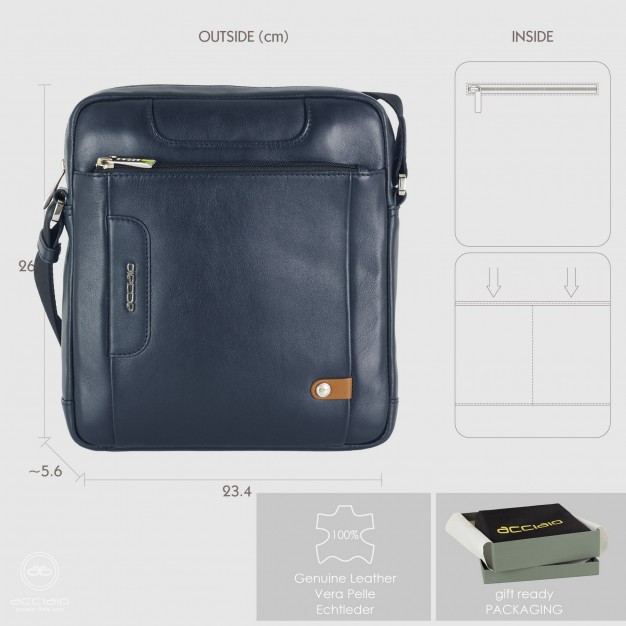 Men's shoulder bag large in leather Blue