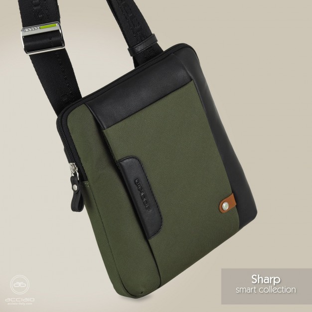 Men's shoulder bag Green in fabric and leather