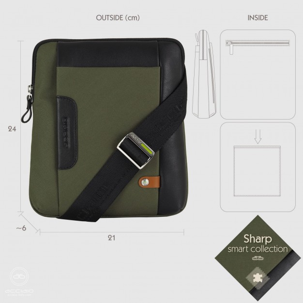 Men's shoulder bag Green in fabric and leather