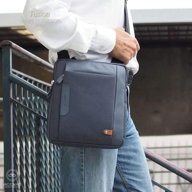 Borsello uomo porta iPad doppio vano Fusion in tessuto e pelle Grigio
