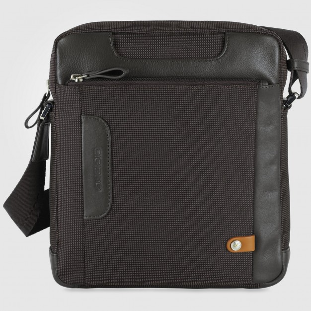 Borsello uomo largo in tessuto e pelle Moka