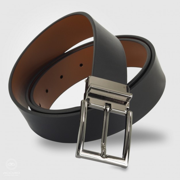 Elegant men's belt double-face leather Black/Cognac