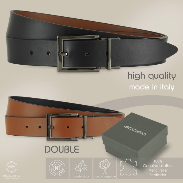 Elegant men's belt double-face leather Black/Cognac