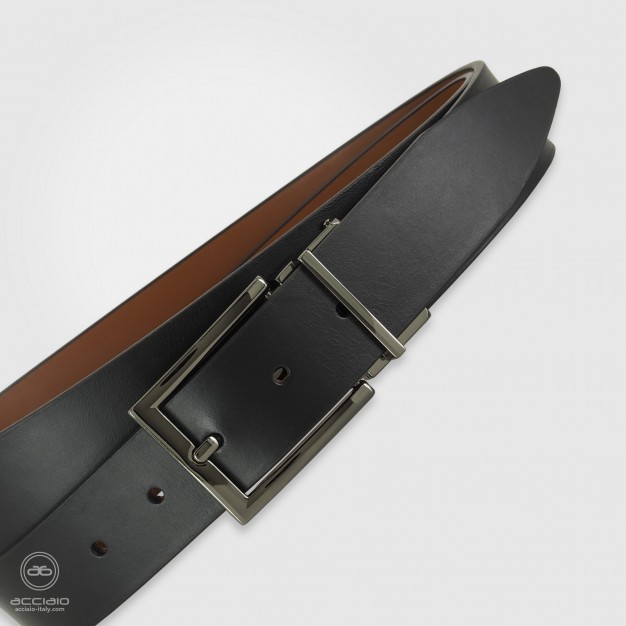 Elegant men's belt double-face leather Black/Cognac