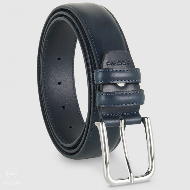 Cintura uomo classica in pelle Cuoio liscio Blu | Acciaio