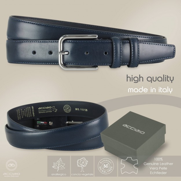 Cintura uomo classica in pelle Cuoio liscio Blu | Acciaio