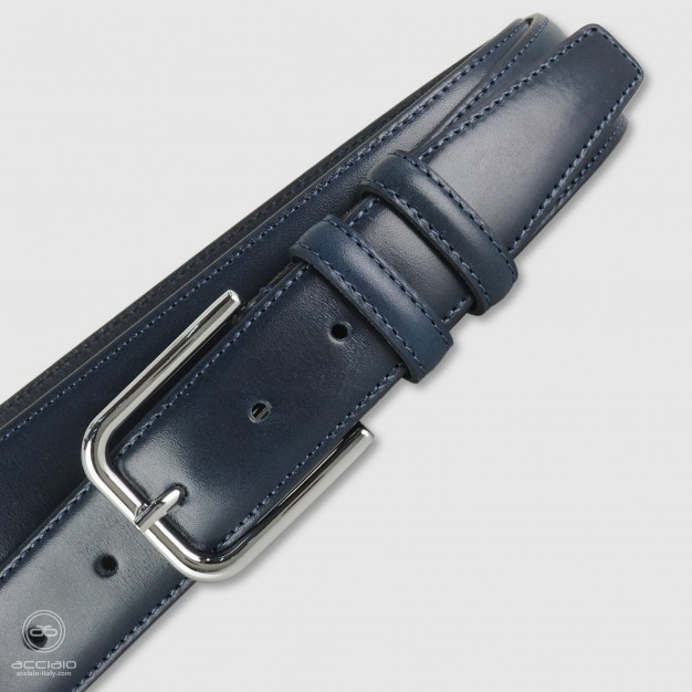 Cintura uomo classica in pelle Cuoio liscio Blu | Acciaio