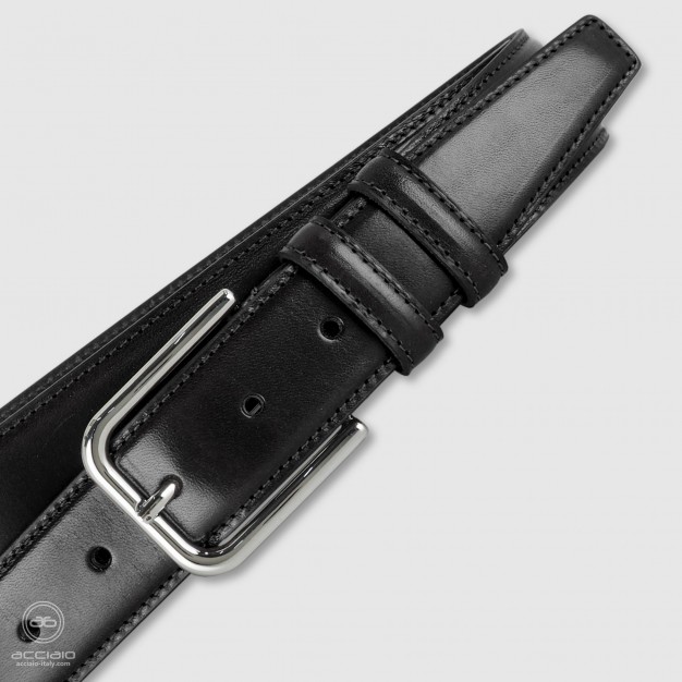 Cintura uomo classica in pelle Cuoio liscio Nero | Acciaio