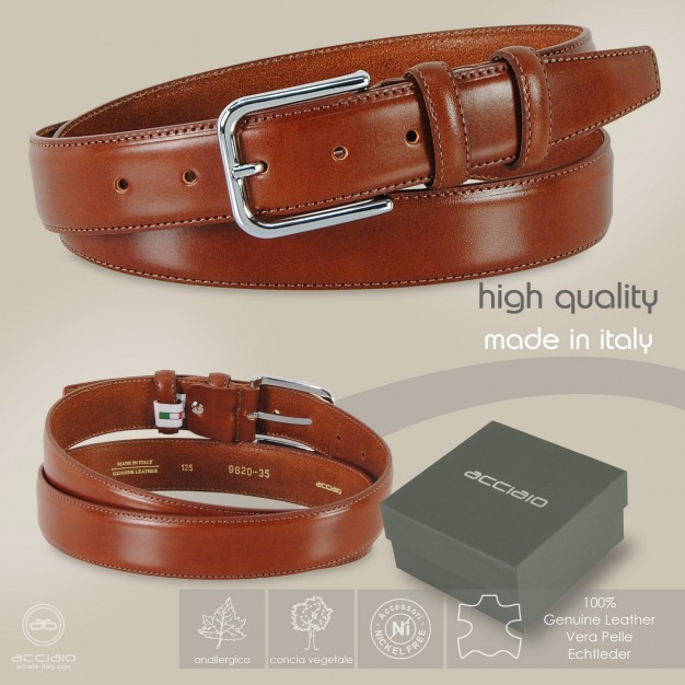 Cintura uomo classica in pelle Cuoio liscio Cognac | Acciaio