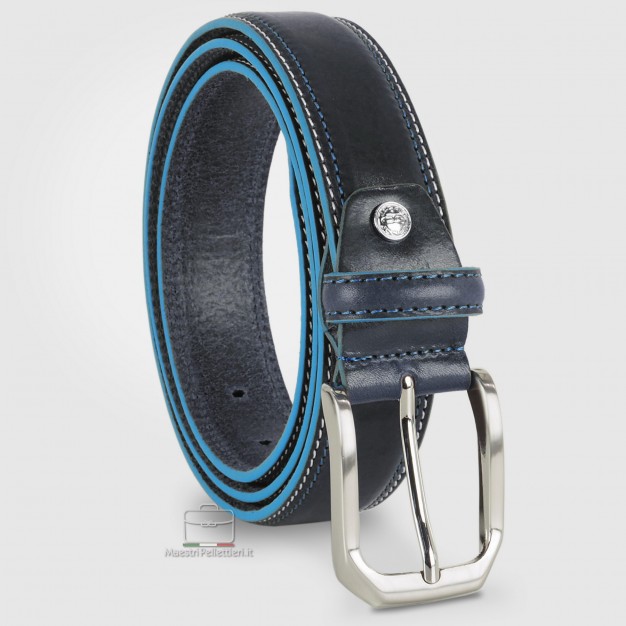 Cintura in cuoio Blu con bordi celesti