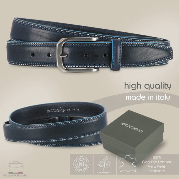 Cintura in cuoio Blu con bordi celesti