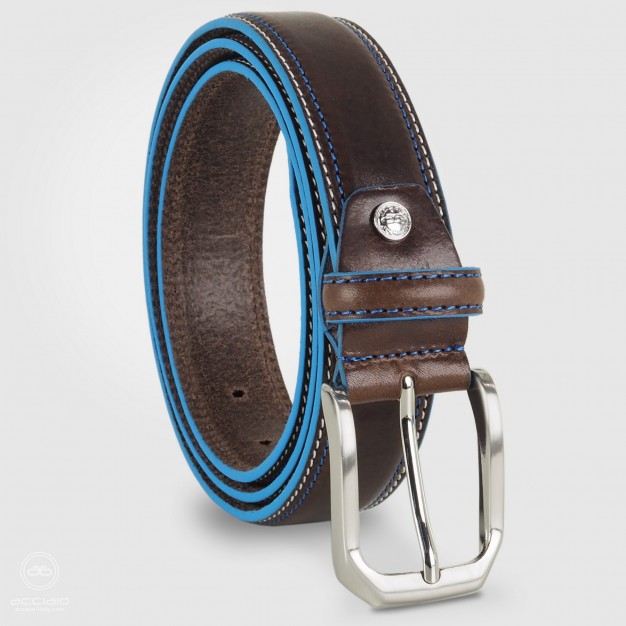 Cintura in cuoio Marrone con bordi celesti Cintura in cuoio Marrone con bordi celesti